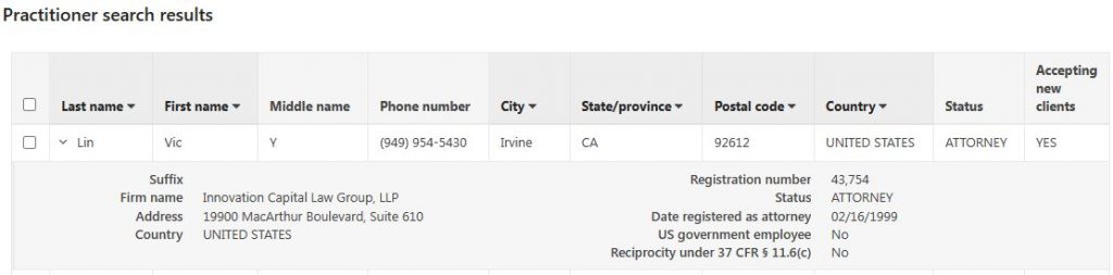 Patent Attorney Registratio Number and Date - Vic Lin